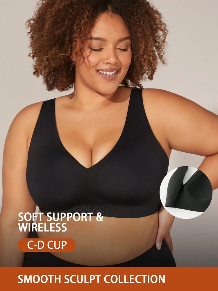 Plus Dream Curve 2ndSkin Black Wireless Seamless Plunge Lounge No Show T-Shirt Sticky Basic SizeFreedom Bra Comfortable Must-Haves Also Suitable For Teen Girl & Young & Kid
