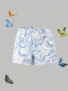 Young Girls' Denim Shorts With Fluid Printed Design - Multicolor - View 1