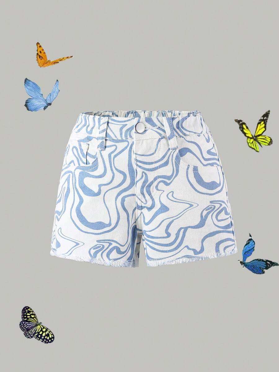 Young Girls' Denim Shorts With Fluid Printed Design - Multicolor - View 1
