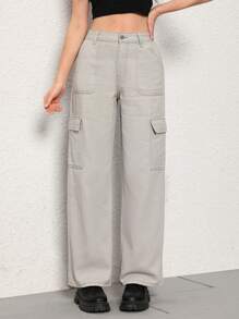 SHEIN EZwear Women's Cargo Pocket Straight Leg Jeans - Light Grey - View 3