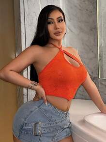 SHEIN SXY Vacation Textured Seamless Elastic Halter Neck Crop Tank Top