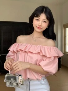 DAZY Màu thuần Ngắn Áo sơ mi Crop Với Off Shoulder & Xù Hoa Sen Thiết kế Đối với phụ nữ - Hồng - Xem 6
