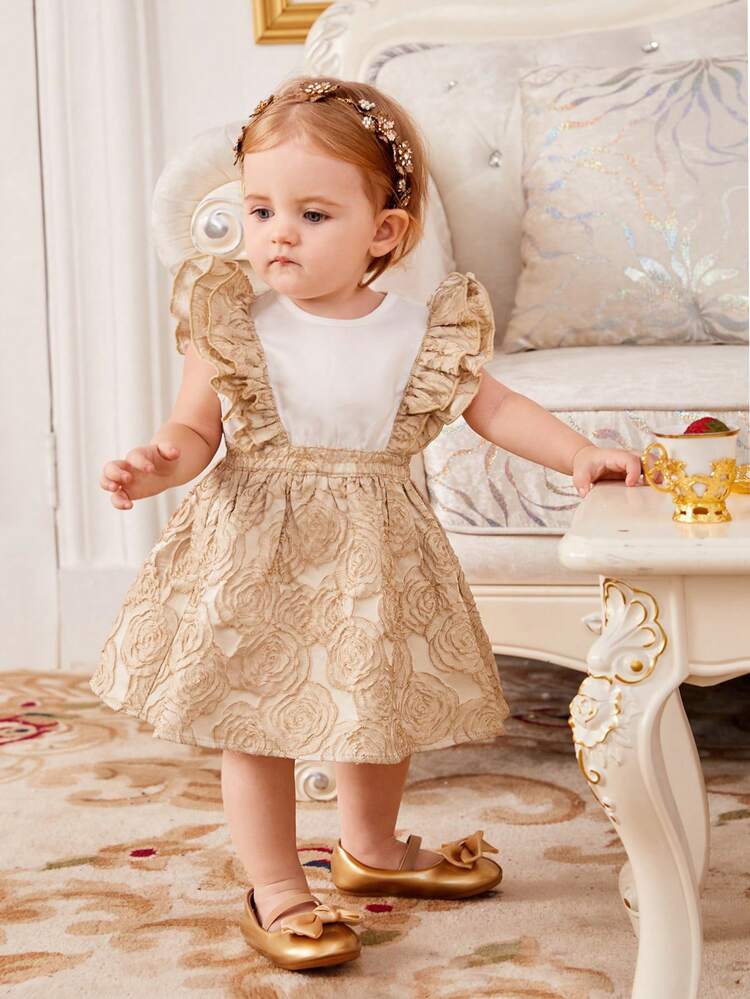 Baby Girls' Gorgeous Elegant Color-Blocking Ruffle Trim Floral Pattern Dress
