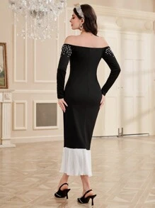 Modelyn 女士珠飾露肩v領魚尾晚禮服 - 黑色 - 查看 2