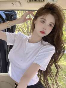 女士时尚水钻装饰短袖短款T恤，夏季 - 白色 - 查看 4