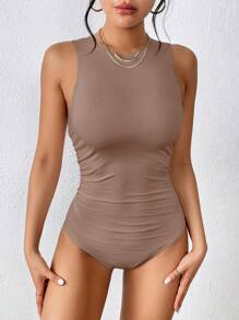SHEIN Essnce Women's Sleeveless Round Neck Bodysuit - Mocha Brown - View 5