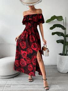 Breezaya Valentine's Day Women's Red Floral Off-Shoulder Shirred Decorated Romantic Holiday Dress For New Year Clothes Maxi Women Outfit - Red - View 4