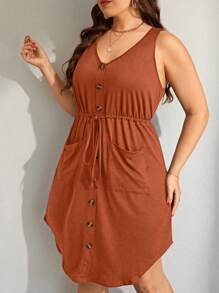 SHEIN LUNE Vestido De Talla Grande Sin Mangas Con Banda De Cintura Con Cordón Y Dos Bolsillos - Naranja - Ver 5