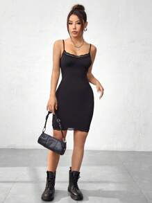 SHEIN Unity Màu thuần Ren Cắt tỉa Quần bó Dây đeo Mì Ý  Đầm - màu đen - Xem 4