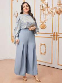 Modelyn Plus Size Women's Stand Collar Top And Wide Leg Pants Set With Gold Foil Print - Multicolor - View 4