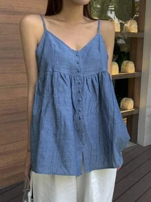 DAZY Top de camiseta sin mangas con cuello en V y botones para mujer, top de estilo babydoll para el verano
