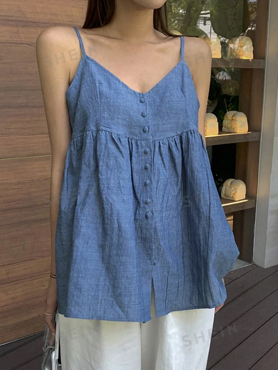 DAZY Top de camiseta sin mangas con cuello en V y botones para mujer, top de estilo babydoll para el verano