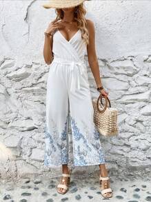 Breezaya Salopetă Cu Picior Lat Imprimat Plant Cu Bretele Spaghete