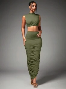 SHEIN BAE Women's High Collar Puffed Sleeve Crop Top With Ruffle Detail And Skirt Two-Piece Set For New Year's Eve Party - Army Green - View 3