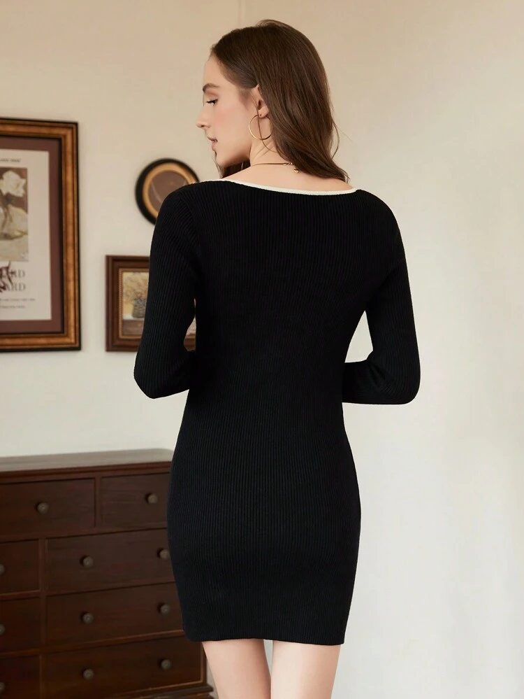 Colorblock Slim Fit Knitted Sweater Dress With Turn Down Collar Fall Cloth For Women