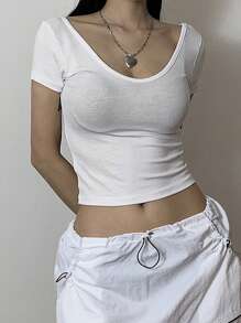 DAZY Women's Short Sleeve Solid Color Rib-Knit Crop T-Shirt - White - View 2