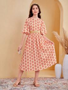 SHEIN Leap Crew Teen Girl's Jacquard Floral Printed Trumpet Sleeve Dress With Gold Waistband Decor And Embroidery - Orange - View 5