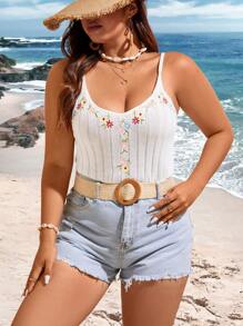 Flirla Plus Size Women's Stylish Floral Embroidery Knit Tank Top - White - View 5