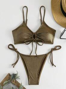 SHEIN Swim Women's Metallic Fabric Spaghetti Strap Separated Bikini Set Summer Beach - Coffee Brown - View 3