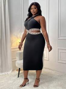 Slaydiva 加大號幾何印花修身連衣裙,圓領交叉剪裁設計細節 - 黑色 - 查看 4