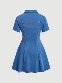 SHEIN MOD Của phụ nữ Ngắn tay Áo sơ mi Đầm Denim - Rửa trung bình - Xem 2