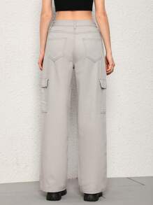 SHEIN EZwear Women's Cargo Pocket Straight Leg Jeans - Light Grey - View 2