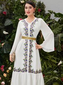 Al Najma 女式刺繡拼接v領衫袖a字裙 - 白色 - 查看 1