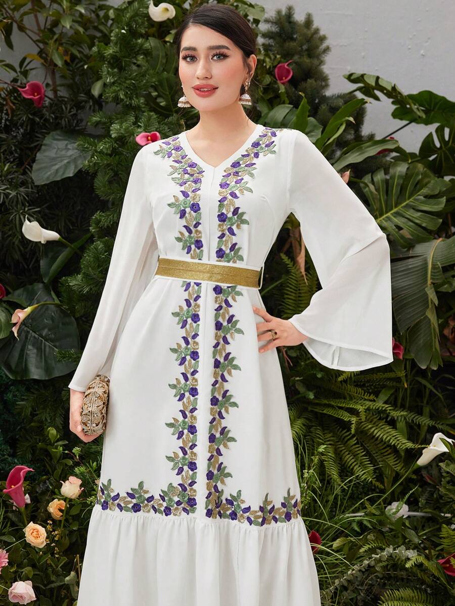 Al Najma 女式刺繡拼接v領衫袖a字裙 - 白色 - 查看 1