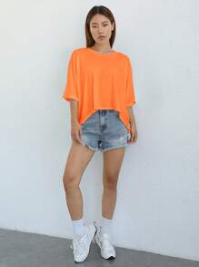 SHEIN EZwear Áo thun dệt kim viền bất đối xứng dành cho nữ - trái cam - Xem 3