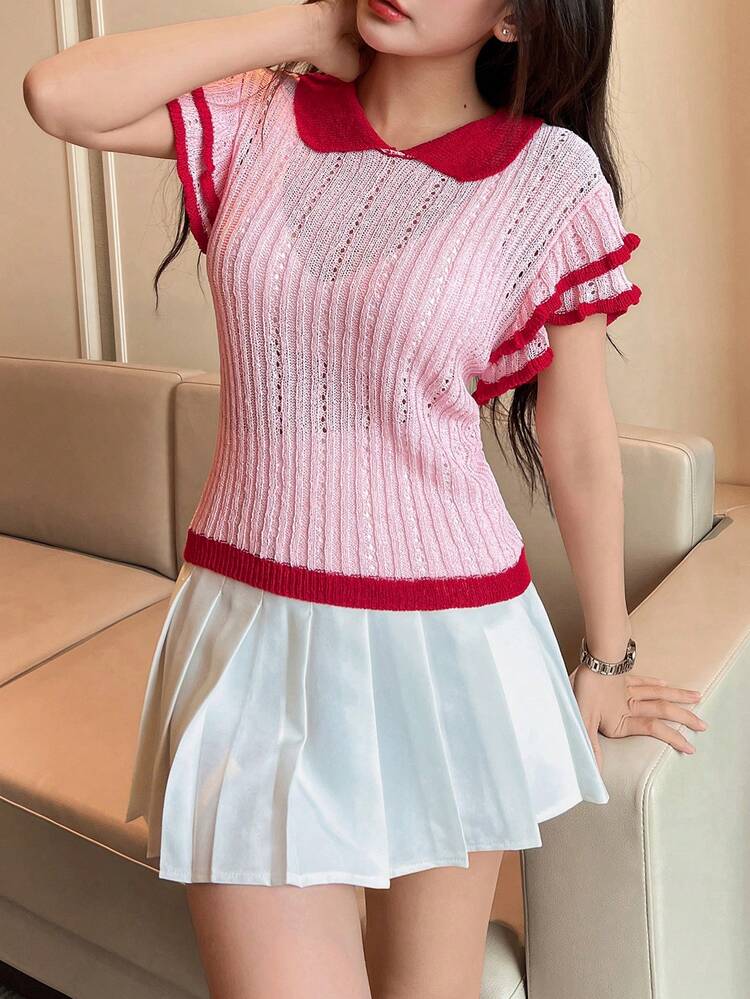 Women's Colorblocking Short Sleeve Knitted Top With Decorative Trims