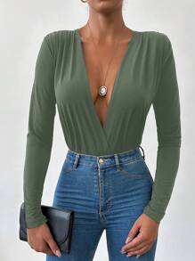 EURMUSE Solid Plunging Neck Bodysuit - Green - View 5