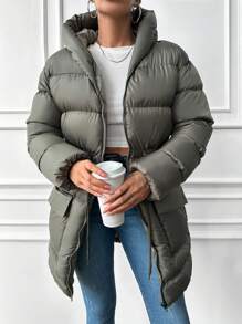 EURMUSE Flap Pocket Drawstring Waist Hooded Puffer Coat