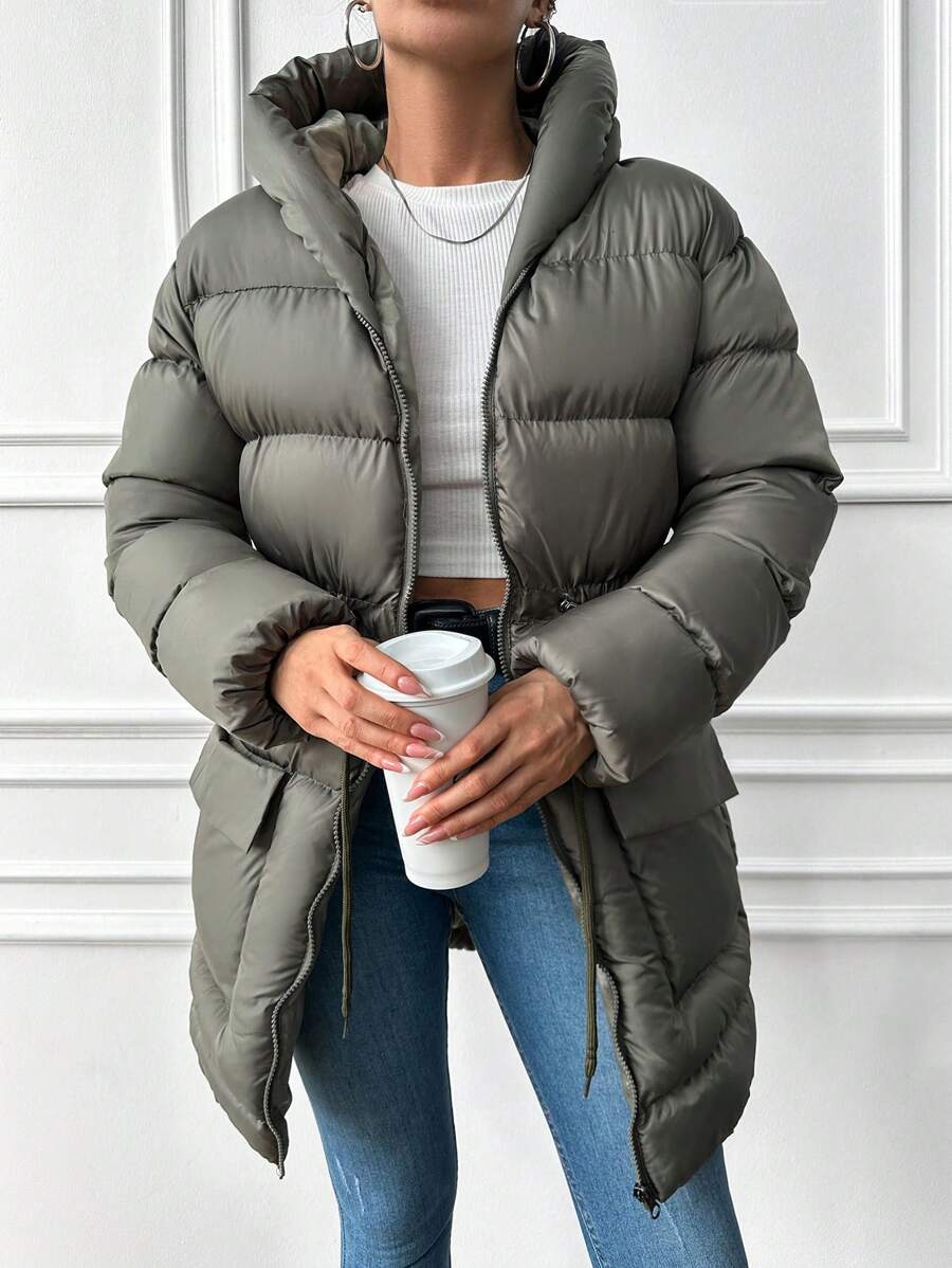 EURMUSE Flap Pocket Drawstring Waist Hooded Puffer Coat