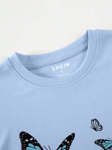SHEIN Essnce Camiseta con estampado de mariposa y letra - Celeste - Ver 4