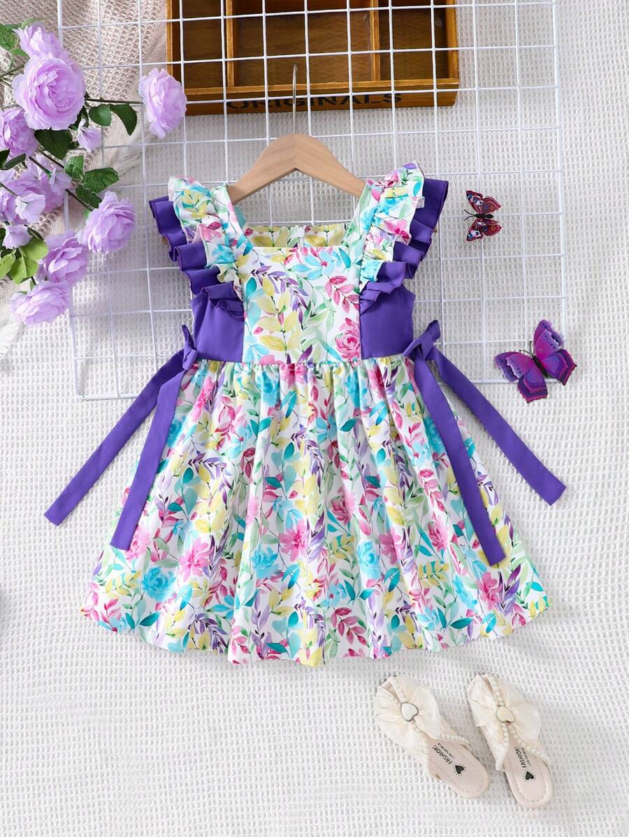 SHEIN 年輕女孩的編織花卉方領荷葉邊休閒假期連衣裙 - 彩色 - 查看 1