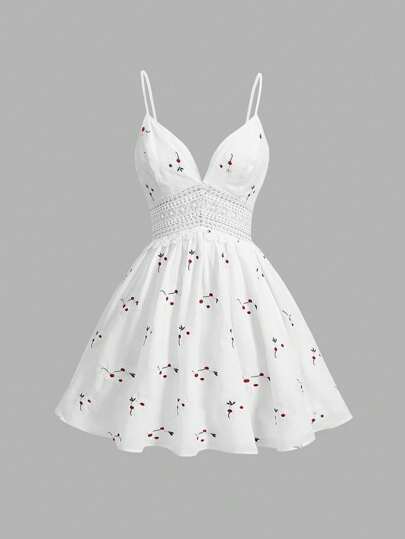 SHEIN MOD 女士花卉刺绣蕾丝拼接吊带裙