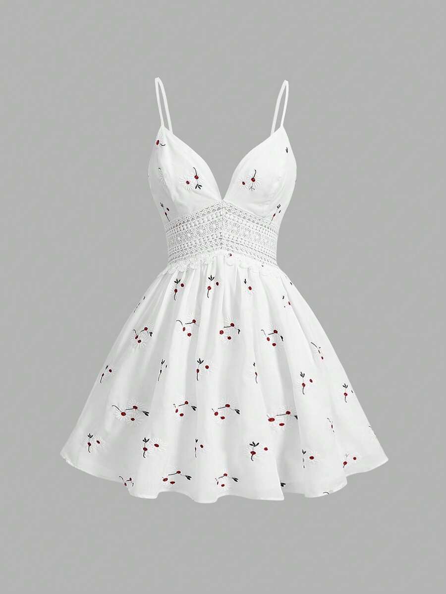 SHEIN MOD Đầm hai dây ren thêu hoa dành cho nữ - trắng - Xem 1
