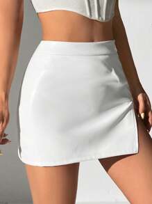 SHEIN PETITE 女款白色拉鍊側開衩裙褲 - 白色 - 查看 4