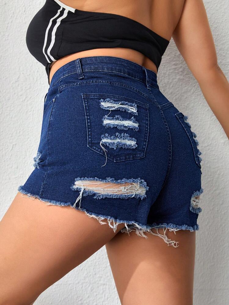 Plus Size Denim Shorts With Frayed Hem And Distressed Detail