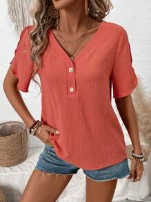 EMERY ROSE Women's V-Neck Button Up Half Placket Blouse