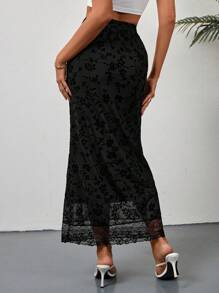 Chiquease Của phụ nữ Ren Vá lại Đuôi cá Hem Váy midi - màu đen - Xem 2