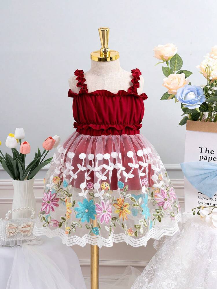 Baby Girl 2pcs/Set Red Ruffled Hem Cami Top And Embroidered Mesh Skirt Set, Gorgeous Cute Daily Casual Outfit