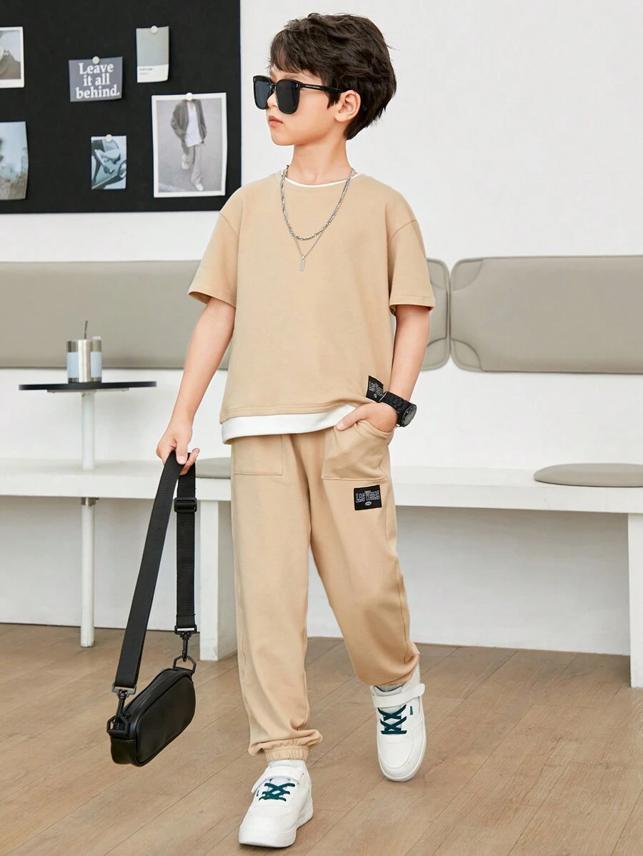 SHEIN Teenage Boys' Casual Two-Piece Set Including 2 In 1 T-Shirt And Long Pants With Weaving Label, Leisure Style - Multicolor - View 1