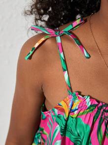 SHEIN Tween Girls' Casual Loose Fit Tropical Plant Printed Spaghetti Strap Dress, Spring/Summer - Hot Pink - View 4