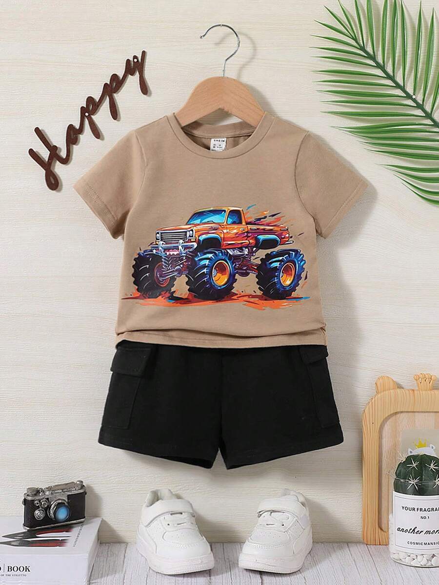SHEIN Em bé Con trai Giải trí Mô hình Cartoon Ngắn tay Áo thun Và Bộ quần short - Nhiều màu - Xem 1