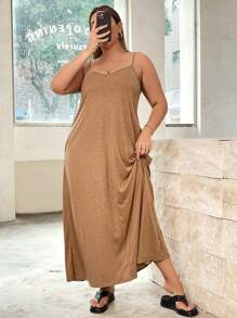 SHEIN Essnce 大碼女式新款時尚休閒舒適針織額外長的a型吊帶裙（帶口袋） - 卡其色 - 查看 6