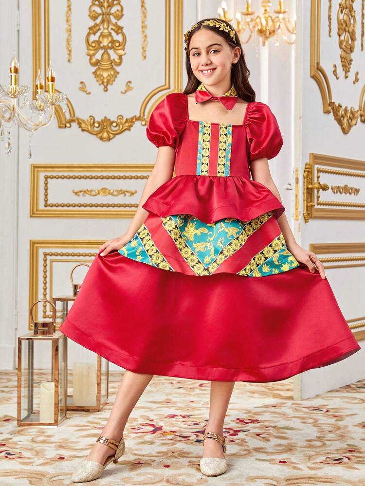 Tween Girl Luxurious Traditional Color Block A-Line Midi Dress With Elegant Design