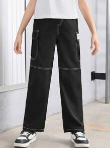 SHEIN Jardineira Fofa Para Meninas Tween Com Bolso, Cintura Média, Calça Reta Com Costura De Cor Contrastante - Preto - Ver 5