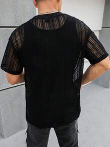 Manfinity Fever City 男士夏季休閒純色中空短袖T恤 - 黑色 - 查看 2