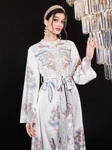 Al Najma Vestido Para Mujer Con Cuello Alto, Manga Larga Y Cinturón - Multicolor - Ver 1
